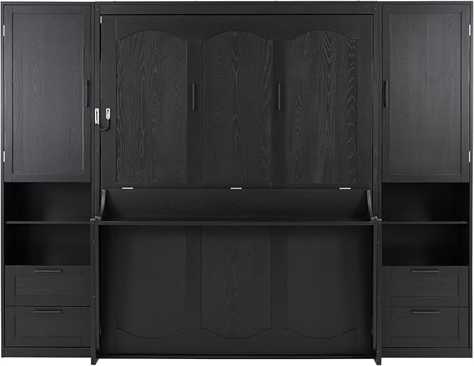 Merax Queen Size Murphy Bed with Desk, Multifunctional Foldable Wall Bed with Closet, Drawers and Shelves, Space-Saving Wood Bed Frame for Small Space Studio Study Office Guest Room, Black(Oak Veneer)
