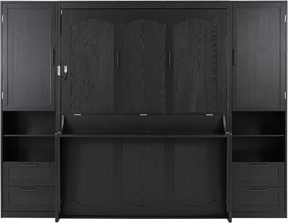 Merax Queen Size Murphy Bed with Desk, Multifunctional Foldable Wall Bed with Closet, Drawers and Shelves, Space-Saving Wood Bed Frame for Small Space Studio Study Office Guest Room, Black(Oak Veneer)