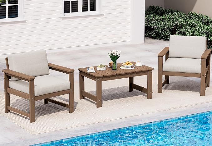 SERWALL 3 Pieces HDPE Outdoor Sofa Bistro Set with Cushion, Patio Outdoor Furniture Sofa Sets with Porch Chairs and Coffee Table, Brown Frame/Khaki Cushion