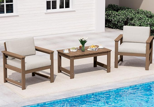 SERWALL 3 Pieces HDPE Outdoor Sofa Bistro Set with Cushion, Patio Outdoor Furniture Sofa Sets with Porch Chairs and Coffee Table, Brown Frame/Khaki Cushion