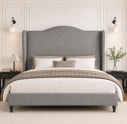 Queen Size Upholstered Platform Bed Frame, Light Grey | 50.4" Tall Wingback Headboard, Arched Tufted Design, No Box Spring Needed, 1000lbs Heavy Duty Support, Easy Assembly