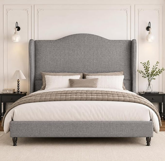 Queen Size Upholstered Platform Bed Frame, Light Grey | 50.4" Tall Wingback Headboard, Arched Tufted Design, No Box Spring Needed, 1000lbs Heavy Duty Support, Easy Assembly