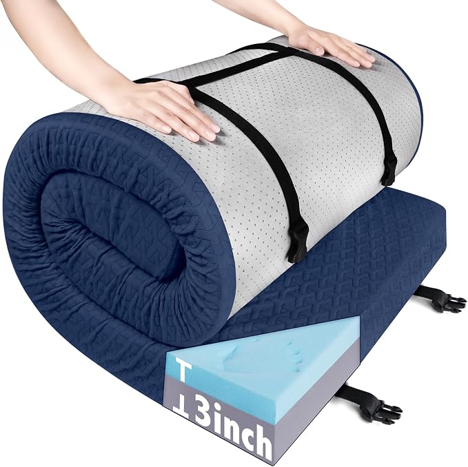 Memory Foam Camping Pad 3 Inch Thick, Soft Sleeping Pad with Waterproof Cover, Roll Up Cot Pad Topper for Travel Truck Bed Tent, Pad Only