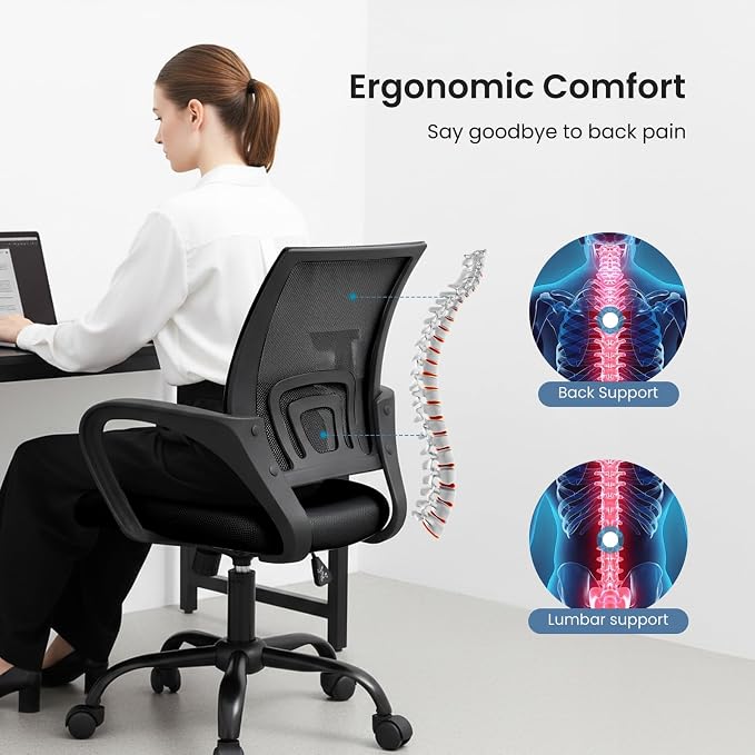 OLIXIS Office Desk Chair - Ergonomic Mid Back with Lumbar Support & Rocking Mode, Height Adjustable with Fixed Armrest, Storage Back for Computer, Gaming, Conference, Meeting, 360° Swivel, Black