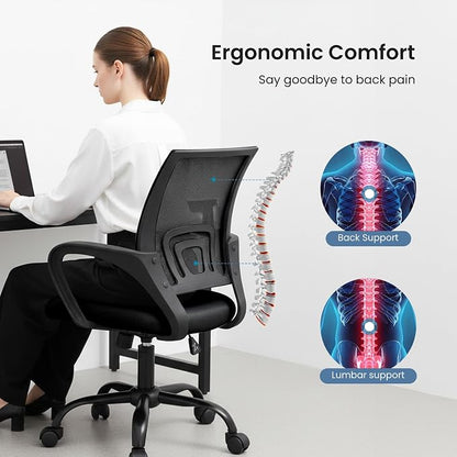 OLIXIS Office Desk Chair - Ergonomic Mid Back with Lumbar Support & Rocking Mode, Height Adjustable with Fixed Armrest, Storage Back for Computer, Gaming, Conference, Meeting, 360° Swivel, Black