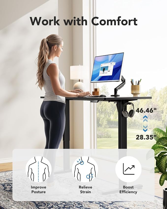 HUANUO Electric Standing Desks, Whole Piece Desktop, Adjustable Height Computer Desk, 4 Height Memory Settings, Sit Stand Up Desk for Home Office, 60" x 24", Black