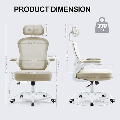 Ergonomic Office Chair,Ultra Thick Spring Cushion Desk Chair,Khaki | Adjustable Lumbar Support and Headrest,Flip-up Arms,Rocking Function,Mesh Home Office Computer Chair