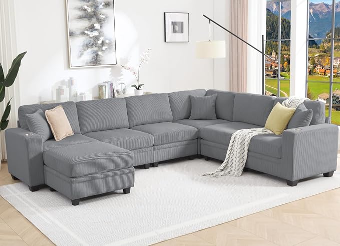 127" Modular Sectional Sofa with Storage, Corduroy 7-Seater V-Shaped Sofa with Ottoman Chaise, Convertible L-Shaped U-Shaped Cloud Sectional Couches for Living Room, Apartment