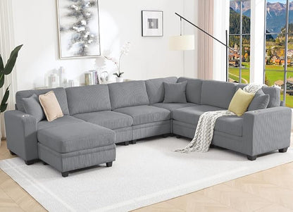 127" Modular Sectional Sofa with Storage, Corduroy 7-Seater V-Shaped Sofa with Ottoman Chaise, Convertible L-Shaped U-Shaped Cloud Sectional Couches for Living Room, Apartment