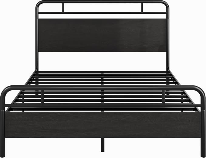 SHA CERLIN Queen Size Bed Frame with Vintage Industrial Wood Headboard, Heavy Duty Metal Platform, 12 Inch Under Bed Storage, Noise-Free, No Box Spring Needed, Easy Assembly, Black