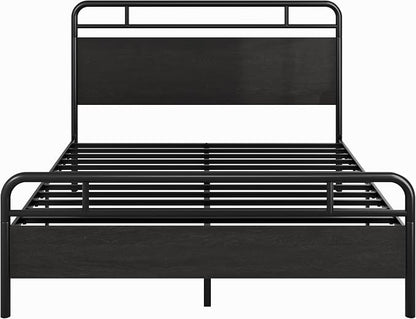 SHA CERLIN Queen Size Bed Frame with Vintage Industrial Wood Headboard, Heavy Duty Metal Platform, 12 Inch Under Bed Storage, Noise-Free, No Box Spring Needed, Easy Assembly, Black