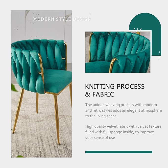 Velvet Dining Chairs Set of 6, Modern Upholstered Dining Room Chairs with Golden Metal Legs and Woven Backrest for Dining Room, Kitchen, Vanity, Living Room (Green)