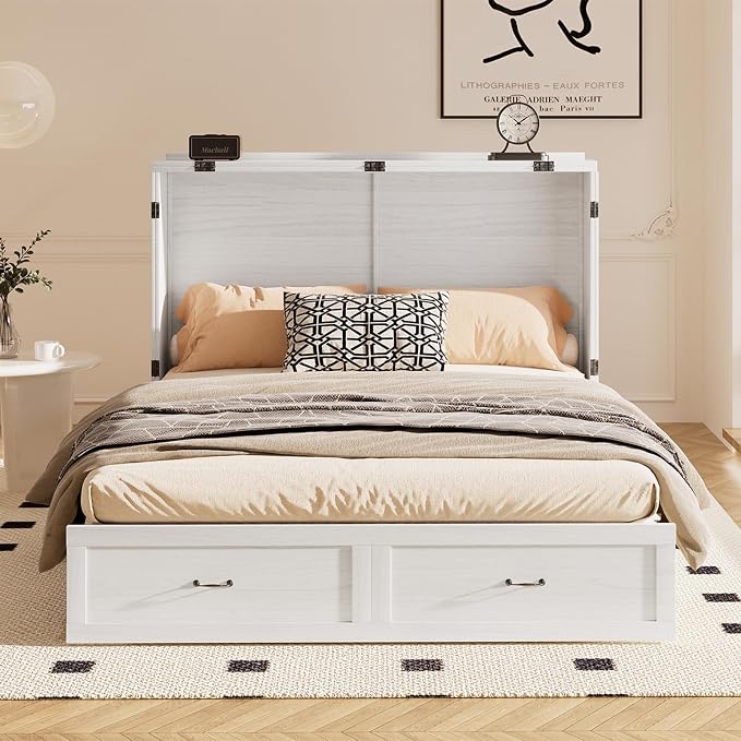 PUREMIND Queen Murphy Bed Cabinet, Bedroom Cabinet Beds with USB Charging Station, Murphy Chest Bed with Storage Drawers, Horizontal Wallbed for Guest Room White