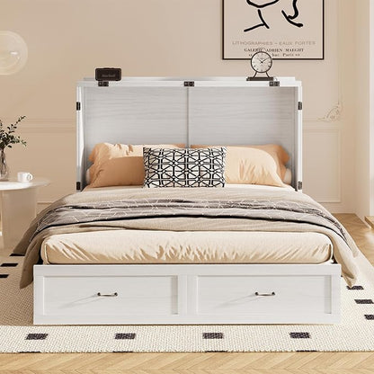 PUREMIND Queen Murphy Bed Cabinet, Bedroom Cabinet Beds with USB Charging Station, Murphy Chest Bed with Storage Drawers, Horizontal Wallbed for Guest Room White