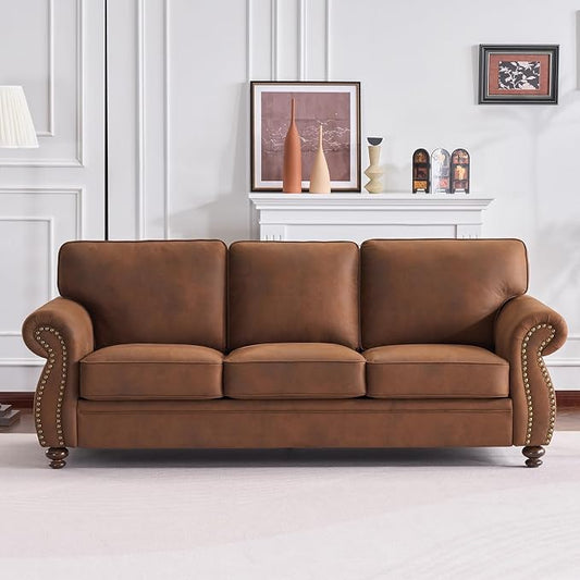 Couchus Mid-Century Vintage Sofa Couches with Rivet Design,3-Seater Sofa,Removable Sofa Cover Upholstered Cushions and Solid Wood Frame (Caramel Rust, 3-Seater)