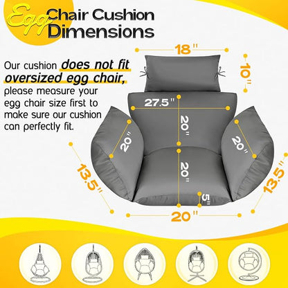 MAGIC ELEPHANT Egg Chair Cushion, Memory Foam Indoor Outdoor Hanging Egg Chair Cushion Replacement, Patio Basket Swing Cushion with Headrest (Gray)