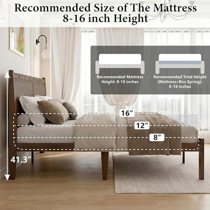 Askeld 14 inch Bamboo Queen Bed Frame with Headboard, Light Cottagecore Solid Wood Platform Bed No Box Spring Needed, Easy Assembly, Noise Free, Light Walnut Color