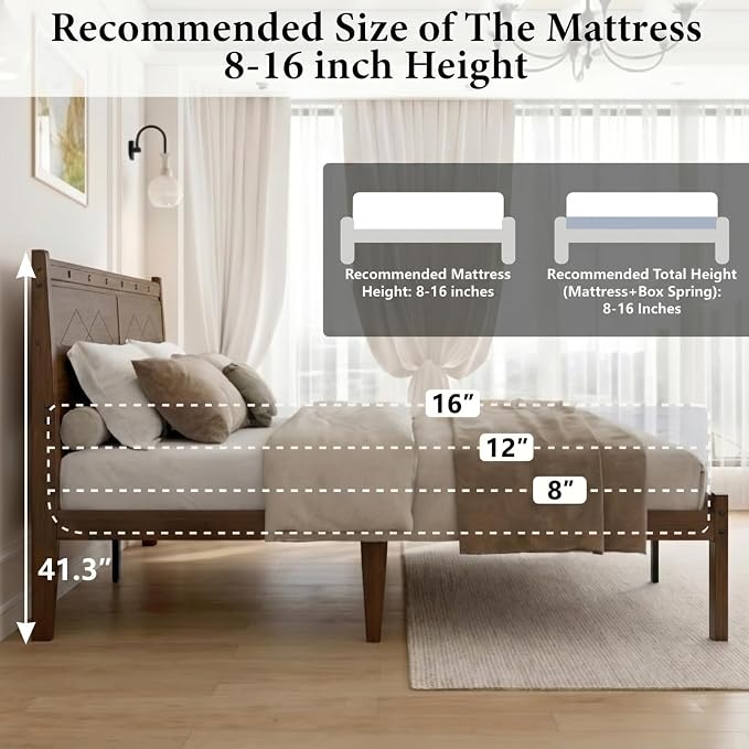 Askeld 14 inch Bamboo Full Bed Frame with Headboard, Light Cottagecore Solid Wood Platform Bed No Box Spring Needed, Easy Assembly, Noise Free, Light Walnut Color