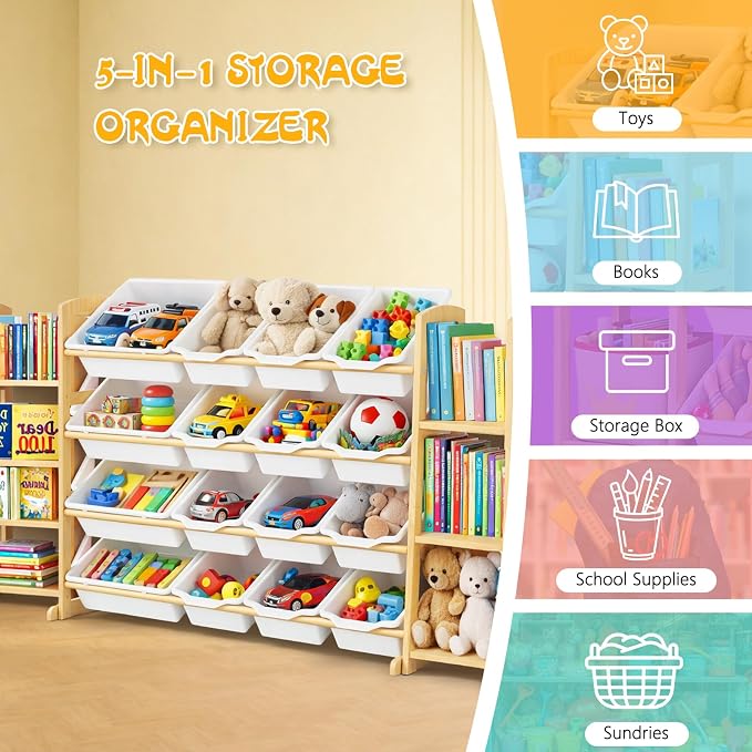 Kids Toy Storage Organizer with Bookshelf – Wooden Shelf with 16 Bins & 6 Shelves, Quick Assembly Storage Rack for Playroom, Bedroom, Nursery - White