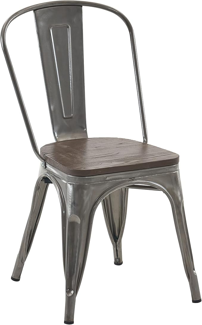 Nazhura Metal Dining Chair Farmhouse Tolix Style for Kitchen Dining Room Patio, 18 Inch, Stackable, Waterproof Indoor/Outdoor (Sets of 4) (Brushed Metal with Wood Padding)