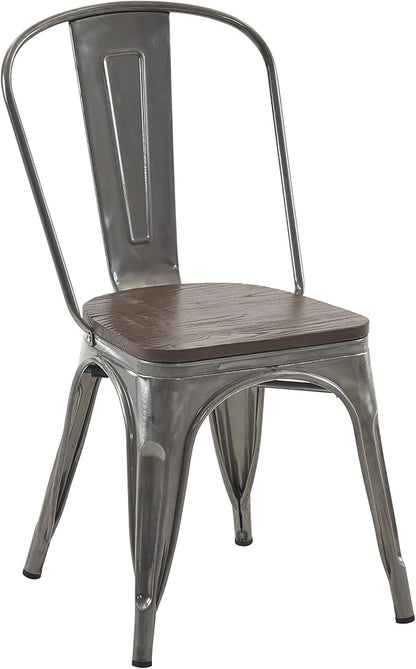 Nazhura Metal Dining Chair Farmhouse Tolix Style for Kitchen Dining Room Patio, 18 Inch, Stackable, Waterproof Indoor/Outdoor (Sets of 4) (Brushed Metal with Wood Padding)