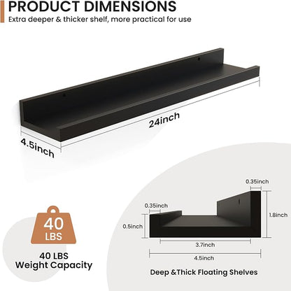 Fun Memories Picture Ledge Shelves Set of 2, 24 Inch Rustic Wall Mounted Floating Shelves with Lip for Home Storage and Décor in Bathroom, Kitchen, Nursery, Bedroom, Living Room, Black