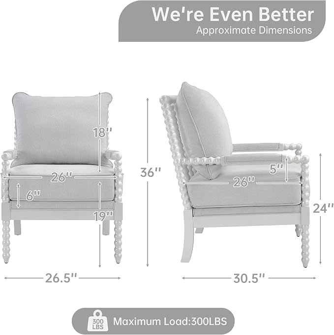 Morden Fort Linen Fabric Spindle Accent Chairs Set of 2, French Style Chairs with High Resilience Spring Cushion and Armrest Pads, Leisure Armchair for Living Room Bedroom Farmhouse Office Balcony