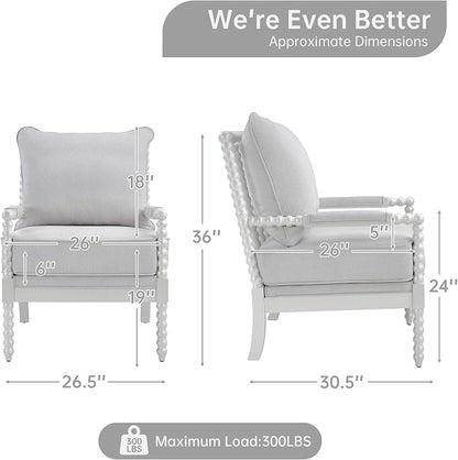 Morden Fort Linen Fabric Spindle Accent Chair with Wood Frame, French Style Accent Chairs with Padded Spring Seat and Armrest Pads, Brushed Base for Living Room Bedroom Farmhouse Office Balcony