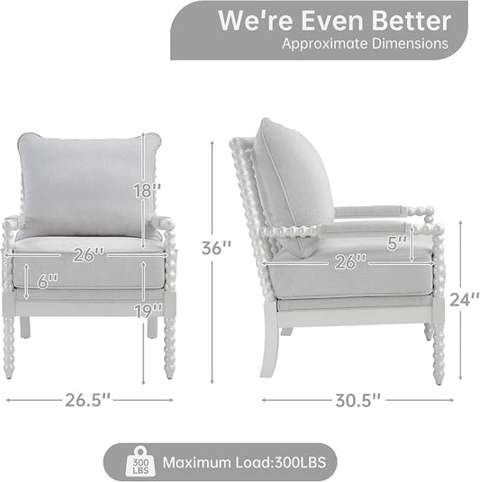 Morden Fort Linen Fabric Spindle Accent Chair with Wood Frame, French Style Accent Chairs with Padded Spring Seat and Armrest Pads, Brushed Base for Living Room Bedroom Farmhouse Office Balcony