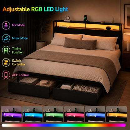 Zevemomo King Size Bed Frame with Storage Drawers, Bed Frame King Size with Headboard, LED Light, Charging Station with 2 USB Ports & 2 AC Ports, Noiseless, Black