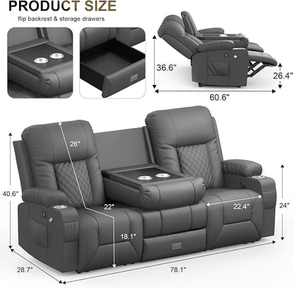 YONISEE 3 Seat Recliner Sofa with Flip Backrest Design, Loveseat Reclining Sofa with Storage Drawer, USB Ports, 2 Cell Phone Holder, Loveseat Recliner Couch for Living Room