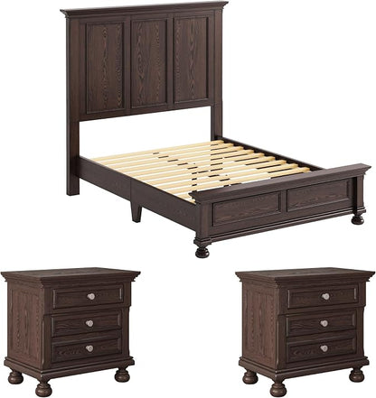 AMERLIFE Solid Wood 3 Piece Bedroom Set Including 65.2" High Queen Bed Frame, Fully Assembled Nightstands Set of 2 with 2 Storage Drawers for Bedroom, Dark Brown