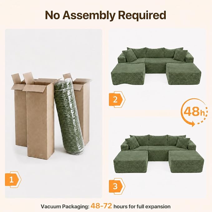 Claiks 104" Boneless Couch, Cloud Couch Sectional, U-Shape Corduroy Modular Sectional Sofa Deep Seat, Upholstered Couches for Living Room, No Assembly Required, Green