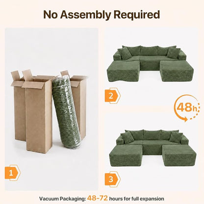 Claiks 104" Boneless Couch, Cloud Couch Sectional, U-Shape Corduroy Modular Sectional Sofa Deep Seat, Upholstered Couches for Living Room, No Assembly Required, Green