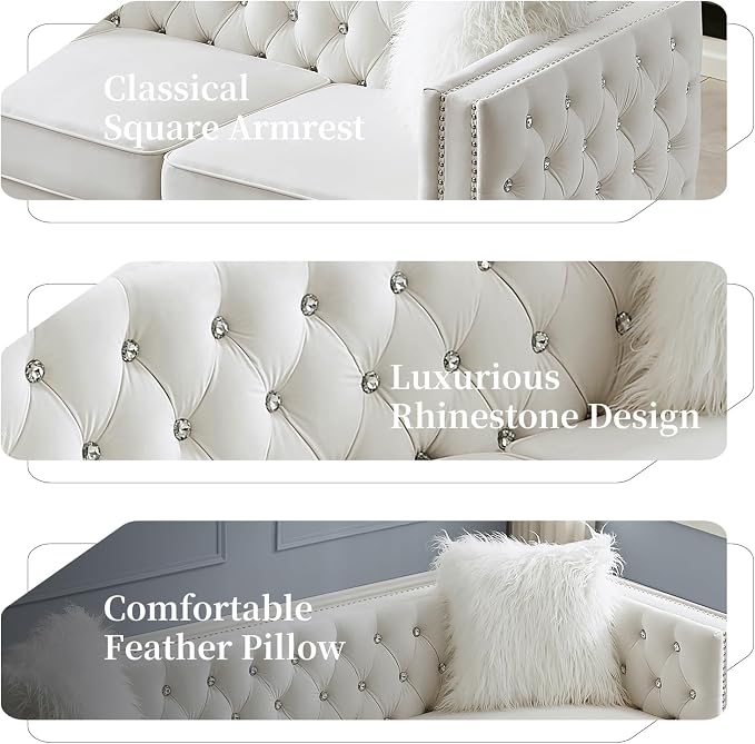 60" Chesterfield Sofa, Velvet Mid-Century Modern Upholstered Loveseat Sofa with 2 Throw Pillows and Acrylic Legs, Nailhead Button Tufted Vintage Couch for Living Room, Apartment, Beige
