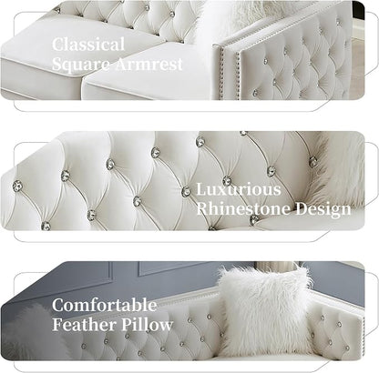60" Chesterfield Sofa, Velvet Mid-Century Modern Upholstered Loveseat Sofa with 2 Throw Pillows and Acrylic Legs, Nailhead Button Tufted Vintage Couch for Living Room, Apartment, Beige