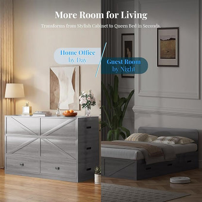 PUREMIND Murphy Bed Full with Mattress Included, Wood Cabinet Bed with Dual Storage Drawers & 2 Pillows, 3-in-1 Convertible Sofa Beds for Small Space, Guest Room, Home, Gray