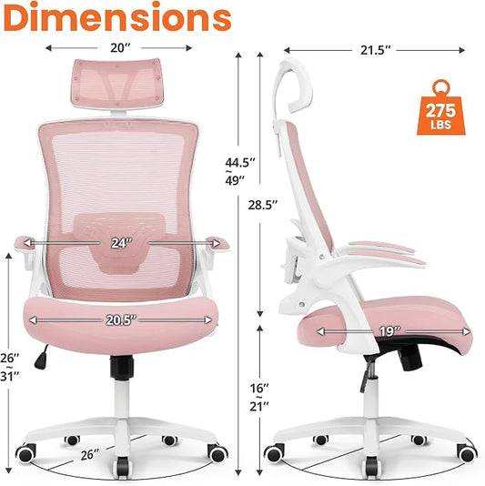NEO CHAIR Ergonomic Office Desk Chair High Back Computer Gaming Mesh Chair with Comfy Task Adjustable Arms Lumbar Support Headrest Swivel for Home Office (Pink)