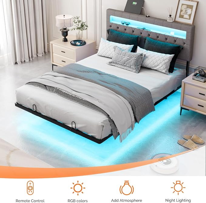VINGLI Full Size Floating Bed Frame with LED Lights, Adjustable Velvet Upholstered Bed with Charging Station, Modern Metal Full Bed, Easy Assembly, No Box Spring Needed, Grey