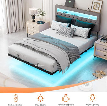 VINGLI Full Size Floating Bed Frame with LED Lights, Adjustable Velvet Upholstered Bed with Charging Station, Modern Metal Full Bed, Easy Assembly, No Box Spring Needed, Grey