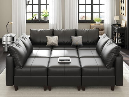 EASE MOOSE Faux Leather Sectional Couch with Storage,Black Sleeper Faux Leather Modualr Sofa Couch