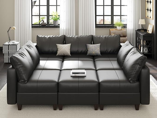EASE MOOSE Faux Leather Sectional Couch with Storage,Black Sleeper Faux Leather Modualr Sofa Couch