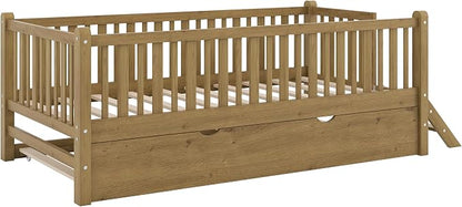Merax Wood Twin Size Platform Bed with Guardrail and Trundle, Kids Bed Frame with Stairs, Walnut