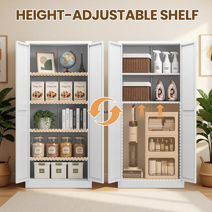 Metal Storage Cabinet, 61" Tall Kitchen Pantry Cabinet with 2 Doors and 4 Adjustable Shelves, White Steel Storage Cupboard for Dining, Office, Living Room, Bathroom