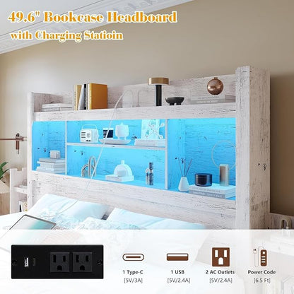 LUXOAK California King Bed Frame with 49.6" Bookcase Headboard & 2 Bedside Stoage Racks & 4 Drawers, Farmhouse Wood Bed Frame with RGB LED & Charging Station, No Box Spring Needed, Distressed White