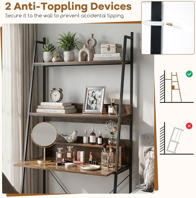 Tangkula 3-Tier Ladder Computer Desk, 71 Inch Modern Writing Desk with Storage Shelves, PC Laptop Workstation, Ladder Bookcase Stand Shelf with Metal Frame, Study Shelf Desk for Home Office (Brown)