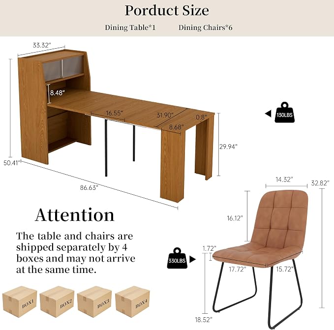 HIPIHOM Dining Table Set for 6, Extendable 86.6" with Storage | Space-saving MDF Kitchen Table with 6 Upholstered U-shaped Brown Chairs, Ideal for Apartment, Living Room