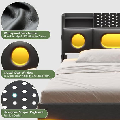 Dnxao Floating Bed Frame King with Storage Headboard & LED Lights, PU Black | Charging Station & Open Shelves, Hidden Storage PU Upholstered Headboard, No Box Spring Needed, Noise-Free, Easy Assembly