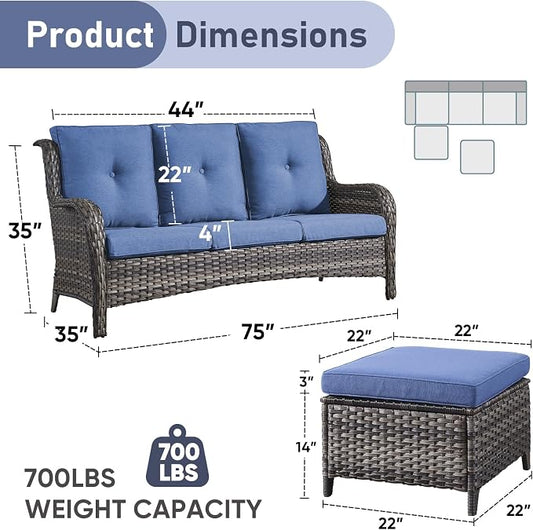 Outdoor Patio Furniture - 3 Seater Outdoor Rattan Wicker Sofa Patio Couch with Ottoman for Porch Deck Garden Backyard - Grey/Blue