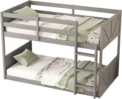 Twin Over Twin Floor Bunk Bed with Ladder,Rustic Rubber Wood Kids Beds with Panelled Headboard & Footboard,Safety Guardrails,Low-Profile Space-Saving Vintage Bunks for Children Bedroom,Antique White
